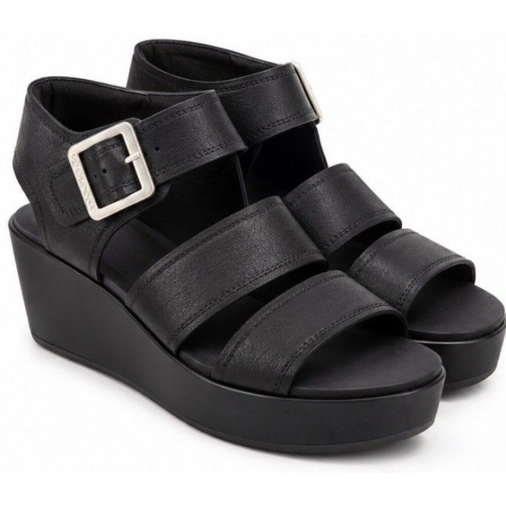 Rockport Anala Women’s 6M Black Leather Platform Wedge Sandals NEW IN Box